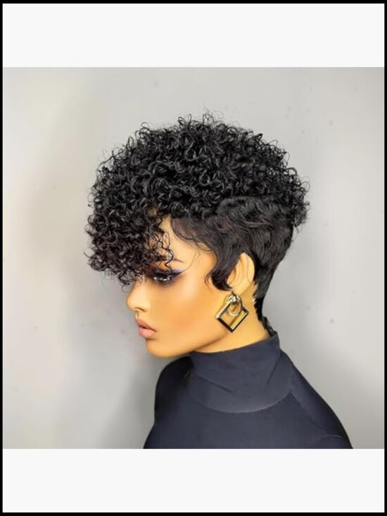 Short Curly Pixie Cut Wig Layered Bangs Glueless Human Hair Natural Black Style